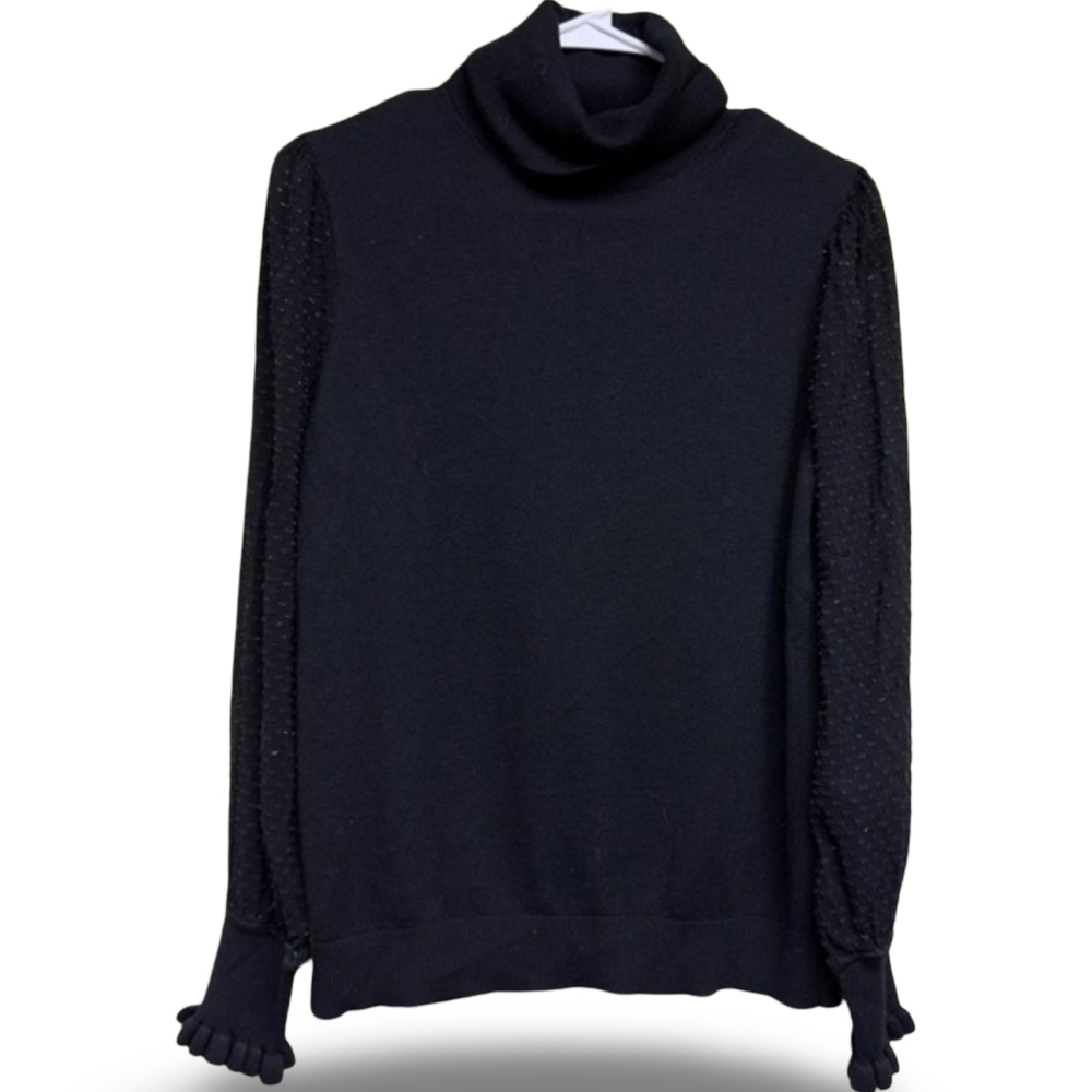 LOFT Black Turtleneck Sweater Small Textured Sleeve Pom Pom Cuff Cozy Minimalist
